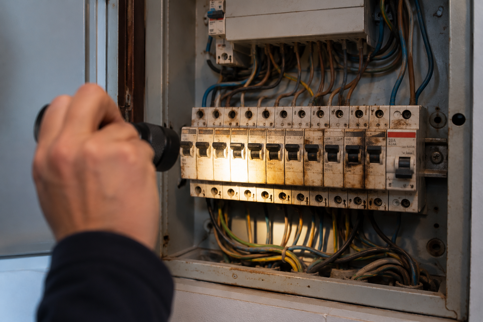Elektriker prüft Sicherungskasten beim E-Check in Paderborn